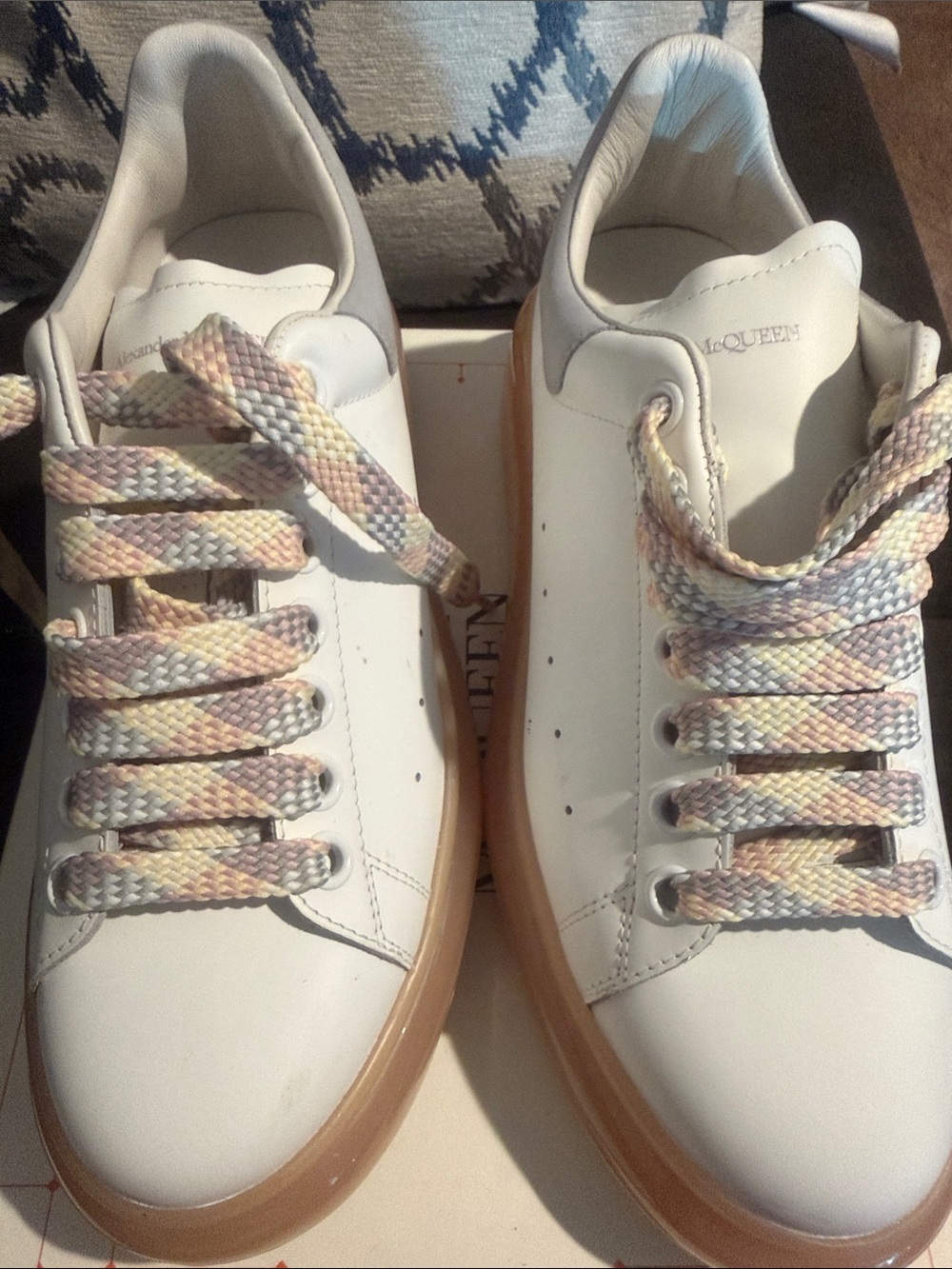 Alexander McQueen White Leather Sneakers with Pastel Multicolor Laces